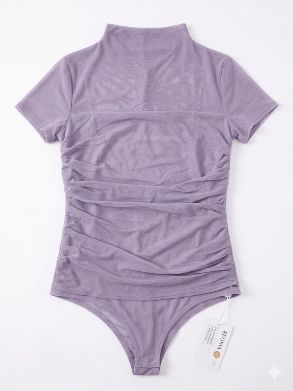 NWT-ReoRia Lavender Sheer Mock Neck Ruched Bodysuit - Picture 5 of 5